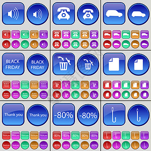 黑色星期五图声音 复古电话 汽车 黑色星期五 垃圾桶 文件 谢谢 折扣 挂钩 一大套多色按钮背景