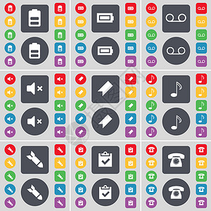 电池 盒式磁带 静音 标记 笔记 火箭 调查 复古电话图标符号 一大套平面彩色按钮 适合您的设计背景图片