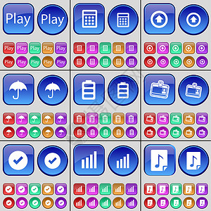 播放图素材播放 计算器 向上箭头 雨伞 电池 联系人 刻度线 图表 注释 一大套多色按钮背景