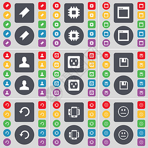陆字头像素材标记 处理器 窗口 头像 套接字 软盘 重新加载 智能手机 微笑图标符号 一大套平面彩色按钮 适合您的设计背景