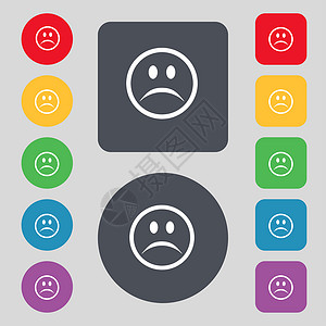 悲伤的面孔 悲伤的压抑的图标符号 一组由12个彩色按钮组成 设计平坦插图情感艺术海豹愁云质量令牌标签眼睛徽章背景图片