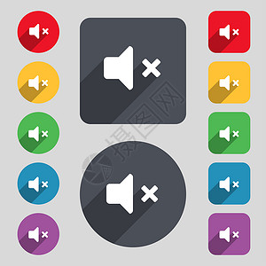 按钮动态素材静音扬声器 声音图标符号 一组由12个彩色按钮和长阴影组成 设计平坦背景