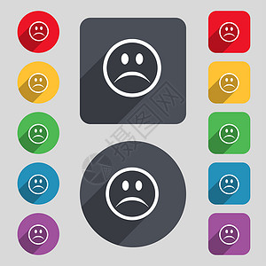 悲伤的面孔 悲哀的压抑图标符号 一组由12个彩色按钮和长阴影组成的 平坦的设计创造力令牌眼睛情感标签质量海豹愁云徽章艺术背景图片
