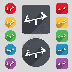 玩图本地素材滚动图标符号 一组由12个彩色按钮和长阴影组成 设计平坦背景