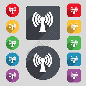 热点图Wi-fi 互联网图标符号 一组由12个彩色按钮和长阴影组成的 平坦的设计背景