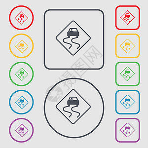 路滑图标标志 圆形符号和带框的平方按钮背景图片