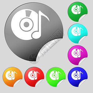 光碟图标Cd 或 Dvd 图标标志 一套八个多色圆形按钮 贴纸磁盘贮存视频袖珍数据烧伤插图软件圆圈技术背景