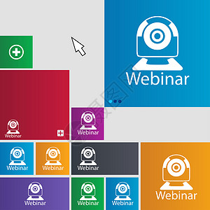 电脑增长图标志Webinar 网络相机标志图标 在线网络研究符号 网上电子学习导航 一组彩色按钮研讨会凸轮邮票质量学习标签会议教育摄像头创造力背景