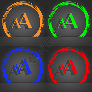 信小呆放大字体 AA 图标符号 时尚的现代风格 在橙色 绿色 蓝色 红色设计中背景