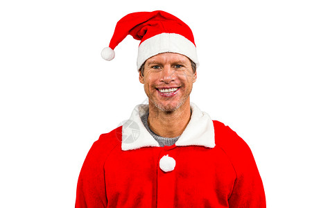 穿着圣诞老人服装的快乐男人白色男性喜庆胡须微笑舞会时候假期红色背景图片
