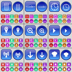 播放图素材垃圾桶 代码 时钟 检查站 放大镜 媒体播放 Wi-Fi 向下箭头 烹饪帽 一大套多色按钮背景