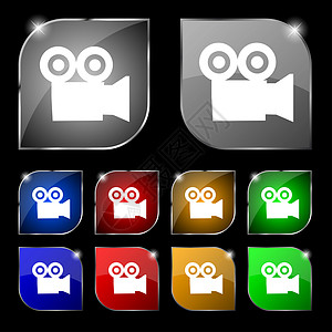 黑海摄影图摄像头图标符号 一组有色光的十个多彩按钮卷轴用户框架照相机技术生产相机界面回忆电影背景
