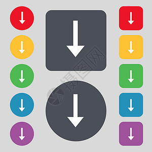 彩色箭头指向向下箭头 下载 装入 备份图标符号 一组由12个彩色按钮组成 设计平坦插图标签商业界面网络绘画活页浏览器技术导航背景