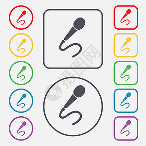 流行图麦克风图标符号 圆形上的符号和带框架的平方按钮艺术收音机唱歌乐器广播人声演讲插图技术居住背景