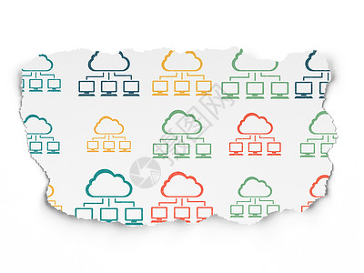 撕纸边无缝Cloud 网络化概念 撕纸背景上的云网图标全球网站数据解决方案软件计算网络监视器屏幕服务器背景