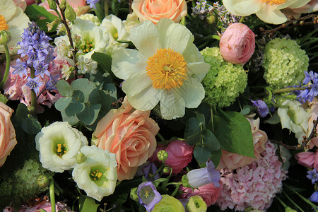混合新娘安排婚姻蓝色鲜花植物群中心绿色花瓣粉色白色花束背景图片