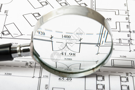 蓝图上的放大镜玻璃建筑建造视图数字背景图片