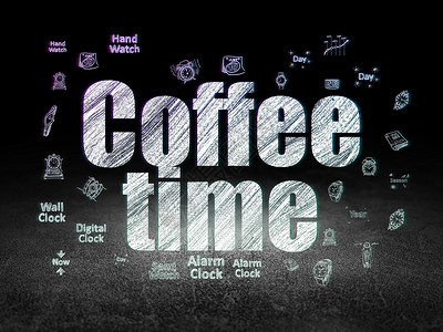 咖啡时间海报时间线概念 咖啡时间在黑房里中风房间倒数工业日程历史展示小时划痕辉光背景