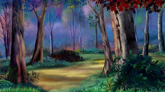 日落时的魔法森林绘画石头部件明信片动画片卡通片小路场景插图背景图片