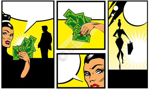漫画对话男男性女性和金钱的漫画书风格名画家思维艺术现金星星拳头女士超级英雄男人碰撞卡通片背景