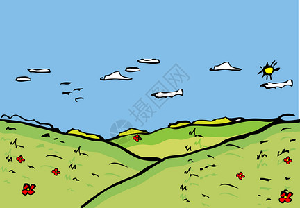 卡通山坡矢量自然自然公园 户外漫画背景 插图 p太阳海报公园木头植物卡通片喜悦乐趣场景蓝色背景