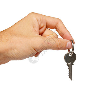 素材在第三方银键在一只手中 孤立在白色上财产财富按钮钥匙手指金属汽车贷款销售量投资背景