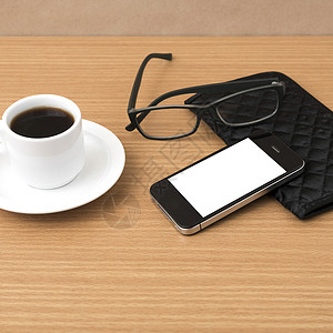 咖啡 电话 眼镜和钱包互联网钥匙技术推介会手机白色创造力杯子商业桌子背景图片