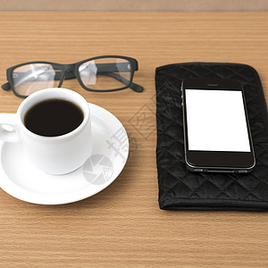 咖啡 电话 眼镜和钱包流动钥匙手机杯子技术创造力互联网推介会商业桌子背景图片