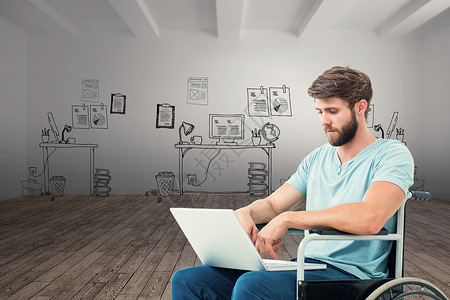 使用计算机坐在轮椅上男子的复合形象房间机动性涂鸦办公室手绘技术病人开幕式疾病职场背景图片