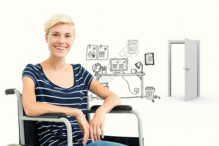 坐在轮椅上微笑着的妇女的复合形象手绘残疾人涂鸦电脑功能截瘫职场快乐白色框架背景图片