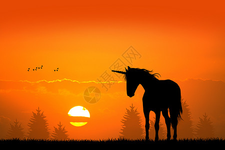 骘月光中的独角兽牛角哺乳动物插图神话生物动物日落背景