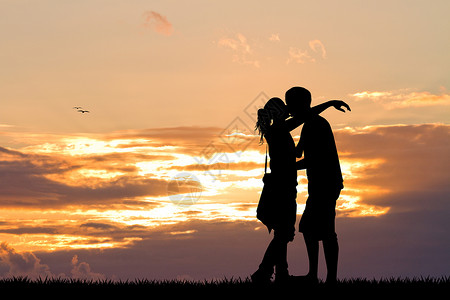 日落时接吻阳光恋人男人夫妻快乐女士蜜月插图背景图片