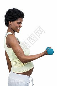 孕妇举起哑铃保健黑色卫生孕妇装运动调理女性重量喜悦锻炼背景图片
