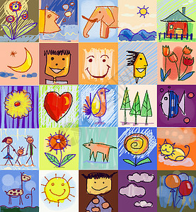 儿童画鱼素材儿童绘画风格 人类家庭动物自然物体背景