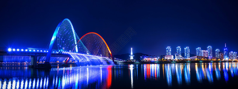 韩国博览会桥彩虹喷泉秀展示旅行景观彩虹记录半坡活力城市场景娱乐背景图片