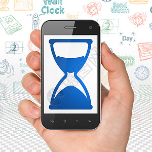 时间轴概念手持智能手机与沙漏上显示手表时间黑色展示细胞倒数日程技术历史正方形背景图片