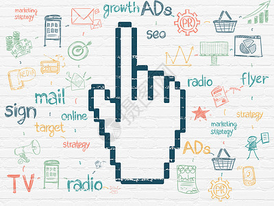 手绘战略字体在背景墙上的营销概念鼠标光标战略技术网络方案绘画蓝色广告市场互联网图表背景