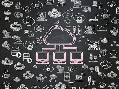 Cloud 网络化概念 学校董事会背景的云网绘画黑板网络全球粉色屏幕教育白色数据粉笔背景图片