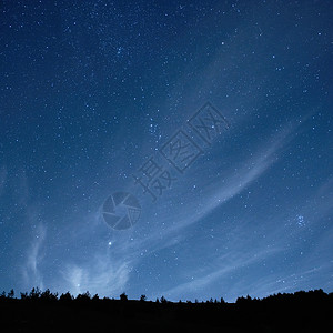 昴与星的蓝色黑暗的夜空宇宙星云天空森林星系星座天文学星光木头银河系背景