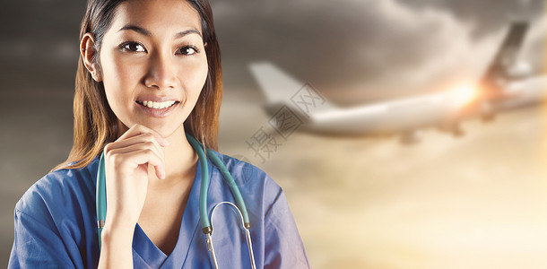 手托下巴正在思考的医生图片以手在下巴上思考的亚洲护士综合形象地平线绘图波纹航班微笑实习生滚动移动旅行蓝色背景