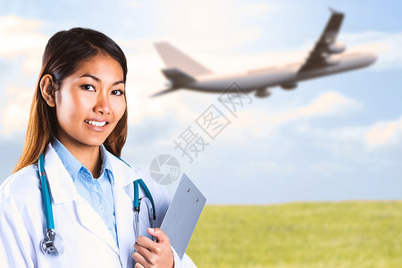 持有剪贴板的亚洲医生综合图像快乐公园飞行旅行商业实习生药品相机女士职业背景图片