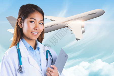 持有剪贴板的亚洲医生综合图像飞行药品计算机快乐相机微笑报告航班实习生航空背景图片