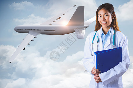 持有蓝色装饰器的亚洲医生综合图像高度航空旅游计算机顶峰旅行天空环境飞行商业背景图片