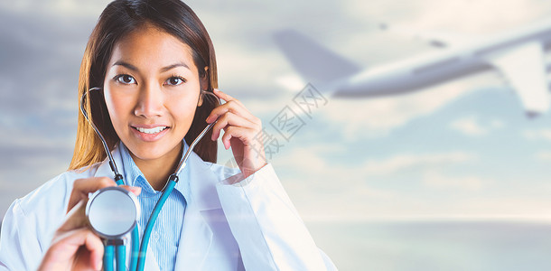 药品集中采购持有听诊器的亚裔医生综合图像航空实习生航班地板专注飞机药品地平线职业天空背景
