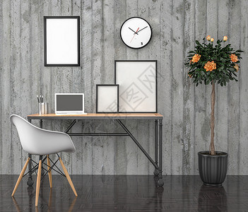 海报模拟 工作桌面 笔记本电脑 3D插图椅子绿色植物小样混凝土木地板深色花朵白色挂钟背景图片