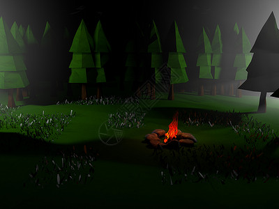聚是一团火低聚三维3D夜景场景故事国家乐趣绿色阴影星星多边形旅行森林插图背景