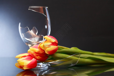 破碎的酒晶花玻璃酒杯裂缝对象花束概念性高脚杯餐具郁金香丑闻背景