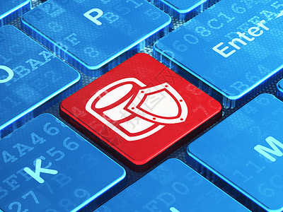 带孔按钮计算机键盘背景上带屏蔽的软件概念数据库红色网络隐私3d代码编程渲染贮存服务器蓝色背景