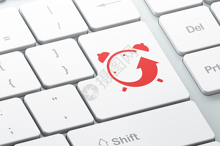 计算机键盘背景上的时间轴概念闹钟红色历史时间3d警报戒指手表指针渲染按钮背景图片