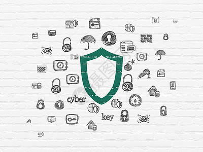 网络安全盾牌墙上背景上的安全概念轮廓盾牌攻击犯罪隐私政策数据草图建筑绘画绿色保卫背景